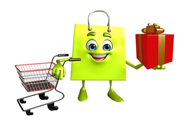 Personaje bolsa de compras con caja de regalo —  Fotos de Stock