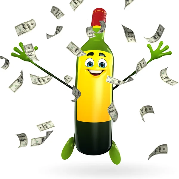 Wine Bottle Character with dollars — Stock Photo, Image