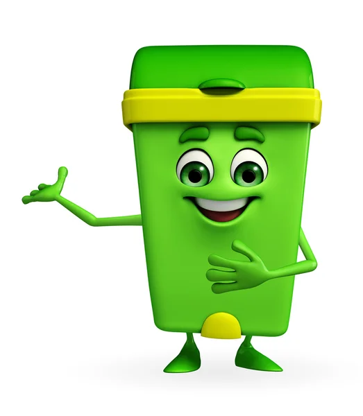 Hoşgeldiniz poz karakteriyle çöp kovası — Stok fotoğraf