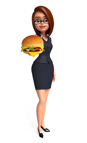 Joven chica de oficina con hamburguesa — Foto de Stock