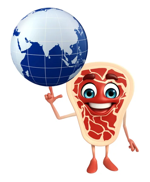 Meat steak character with globe — Stock Photo, Image