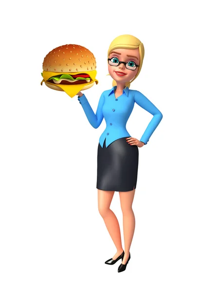 Joven chica de oficina con hamburguesa — Foto de Stock