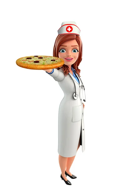 Carácter enfermera con pizza — Foto de Stock