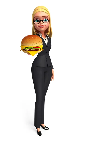 Mujer joven de negocios con hamburguesa — Foto de Stock
