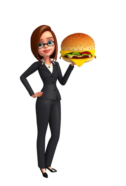 Jeune femme d'affaires avec hamburger — Photo