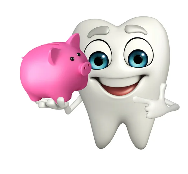 Personagem de dentes com banco porquinho — Fotografia de Stock