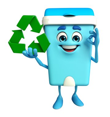 Çöp Kovası karakter geri dönüşüm simgesiyle