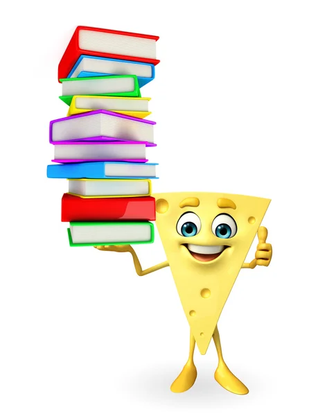 Caráter de queijo com pilha de livros — Fotografia de Stock