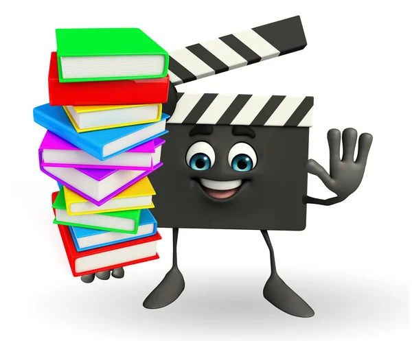 Clapper Board Character with pile of books — Stock Photo, Image