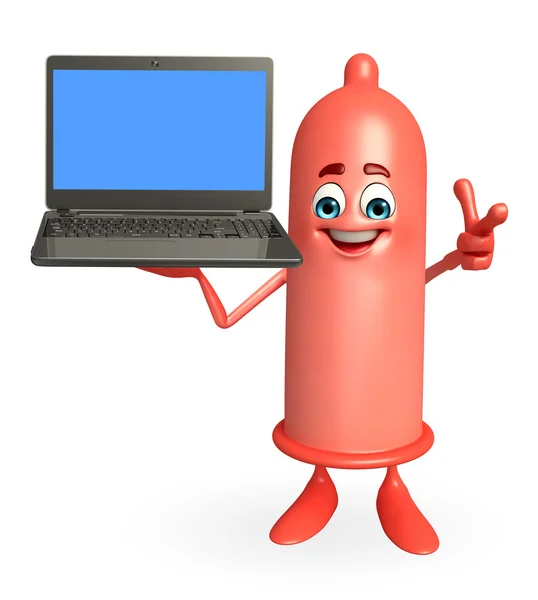 Condom Character with laptop — Stock Photo, Image