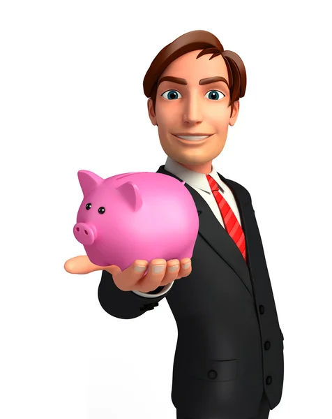 Jovem homem de negócios com porquinho banco — Fotografia de Stock