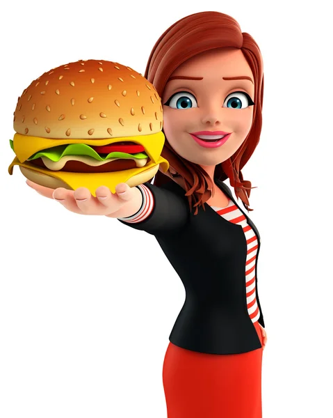 Jovem senhora corporativa com hambúrguer — Fotografia de Stock