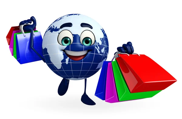 Globe Character with shopping bags — Stock Photo, Image