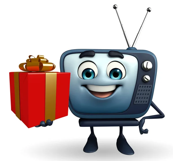 Tv charakter mit geschenkbox — Stockfoto