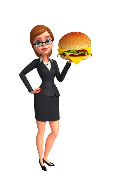 Mujer joven de negocios con hamburguesa — Foto de Stock