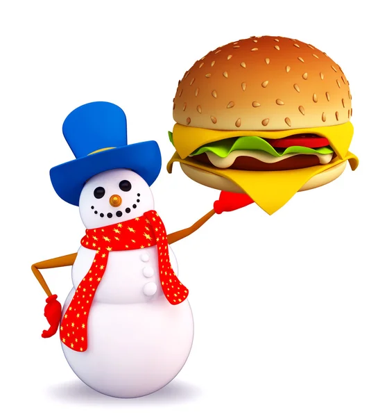 Snowman personnage avec hamburger — Photo