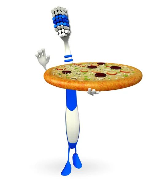 Zahnbürstencharakter mit Pizza — Stockfoto