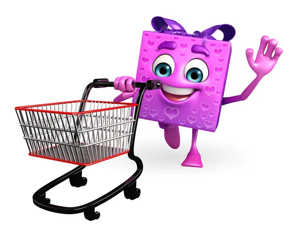 Gift Box Character with trolley — Stock Photo, Image