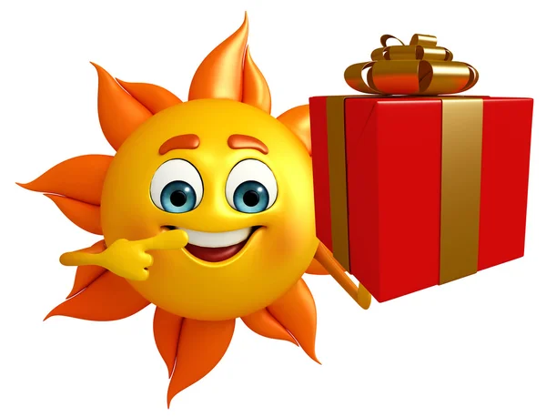 Sun Character With gift box — Stock Photo, Image