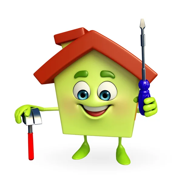 Huset karaktär med hammare och skruv-drivrutin — Stockfoto