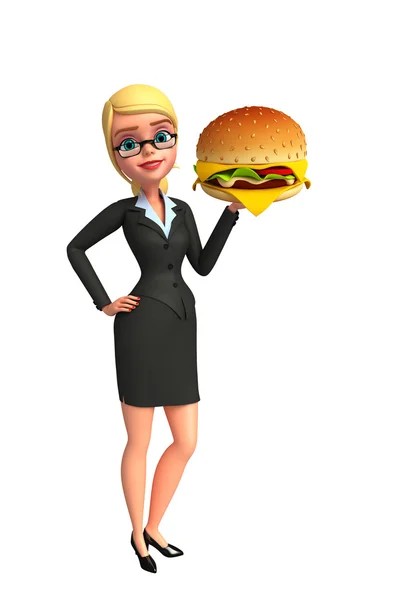 Jeune femme d'affaires avec hamburger — Photo