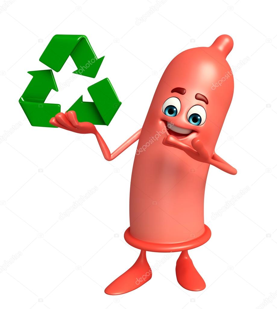 Cartoon Character of Condom with recycle icon