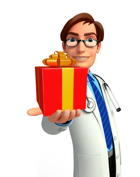 Mladý doktor s dárkovou krabicí — Stock fotografie