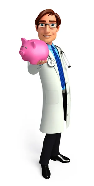 Jonge dokter met piggy bank — Stockfoto