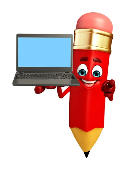 Pencil Character with Laptop — Stock Photo, Image