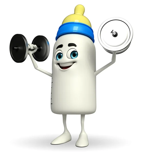 Baby Bottle character with dumbbells — Stock Photo, Image