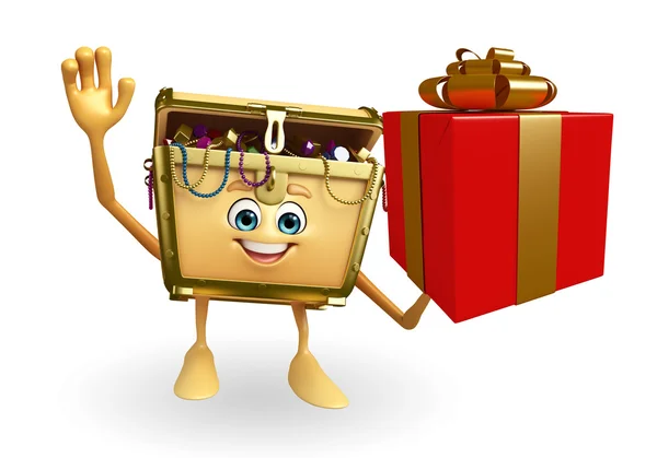 Treasure box character with gift box — Stock Photo, Image