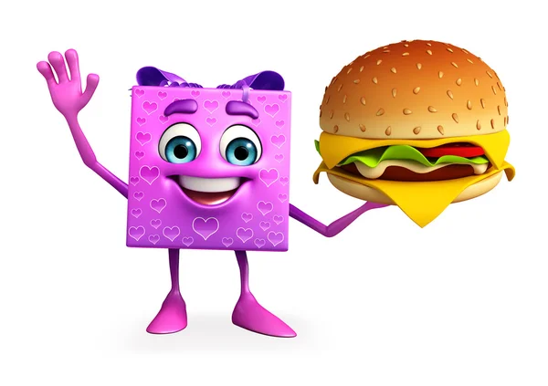 Geschenk Box karakter met Hamburger — Stockfoto