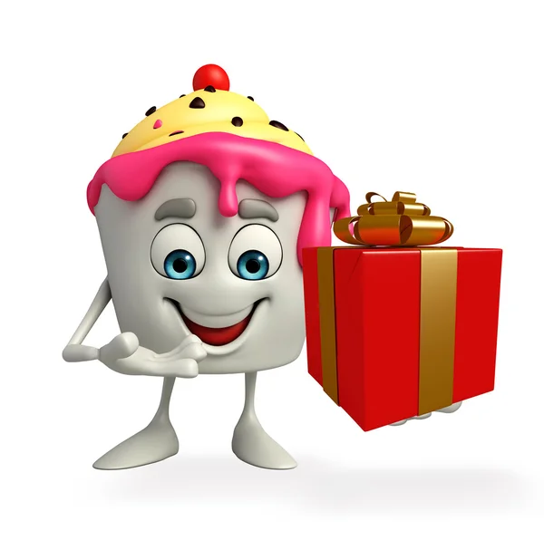 Ice Cream character with gift box — Stock Photo, Image