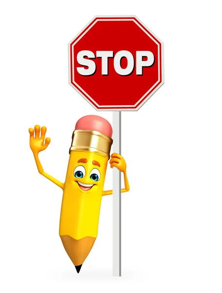 Pencil Character with stop sign — Stock Photo, Image