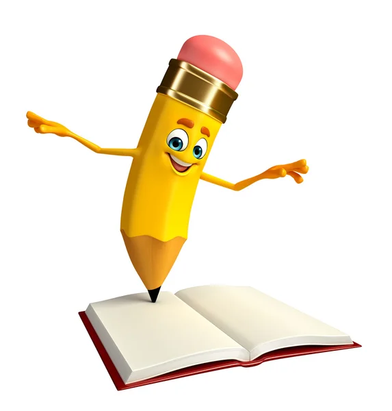 Pencil Character with open book — Stock Photo, Image