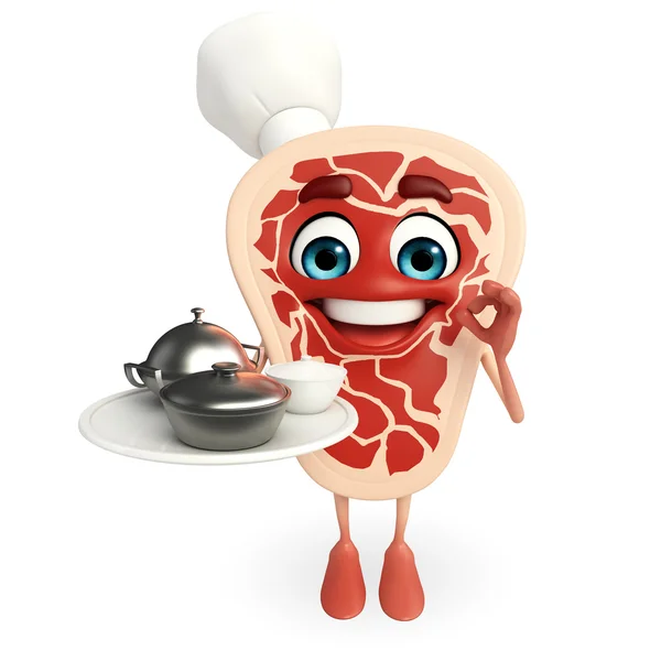 Chef meat steak character with dish pan — Stock Photo, Image