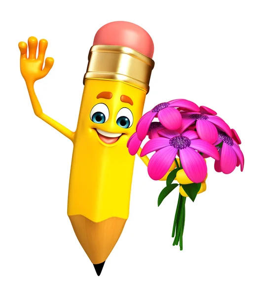 Pencil Character with flower — Stock Photo, Image