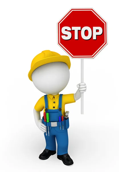 Young mechanic with stop sign — Stock Photo, Image