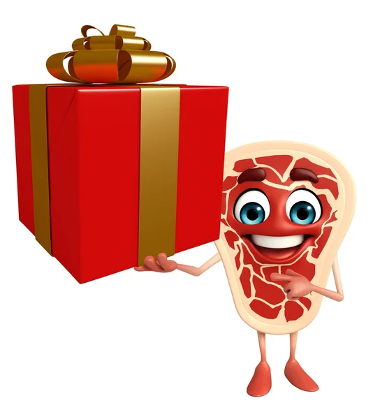Vlees biefstuk karakter met doos van de gift — Stockfoto