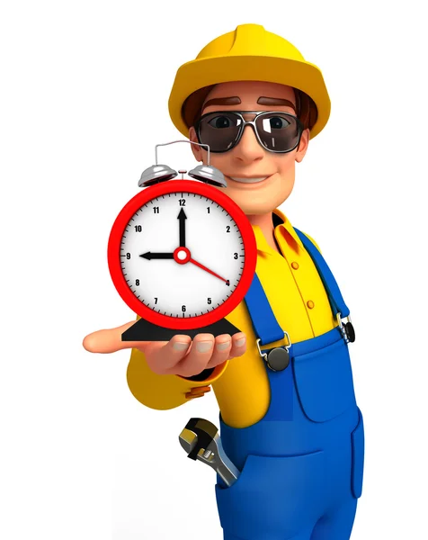 Young Mechanic with table clock — Stock Photo, Image