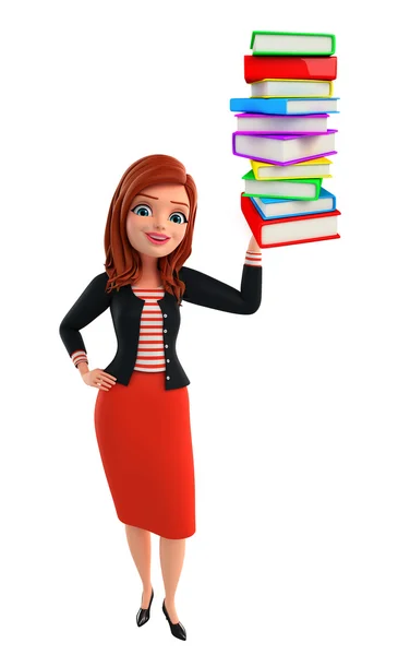 Corporate jonge dame met stapel boeken — Stockfoto