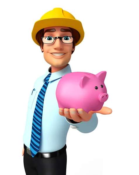 Young Service Man with piggy bank — Stock Photo, Image