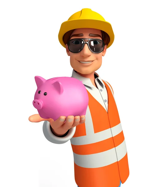 Jonge werknemers met piggy bank — Stockfoto