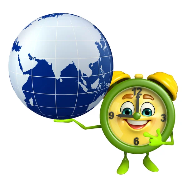 Table clock character with globe — Stock Photo, Image