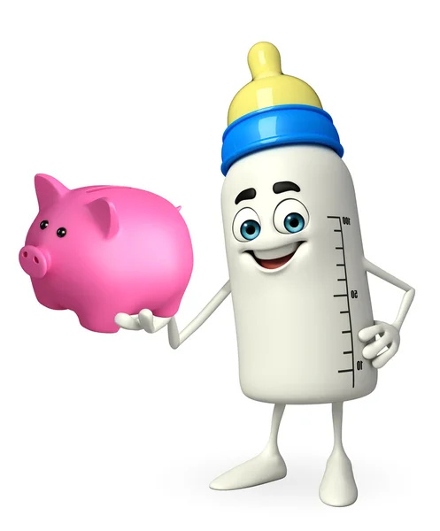 Baby Bottle character with piggy bank — Stock Photo, Image