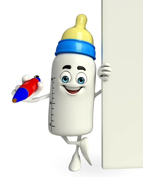 Baby Bottle character with pen — Stock Photo, Image