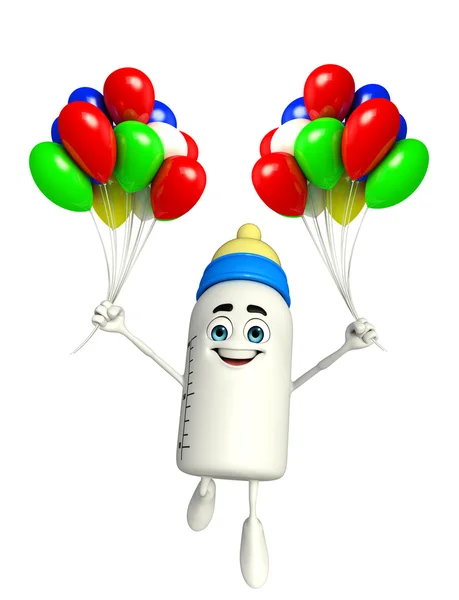 Baby Bottle character with Balloons — Stock Photo, Image