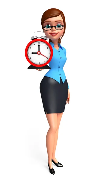 Young office girl with table clock — Stock Photo, Image