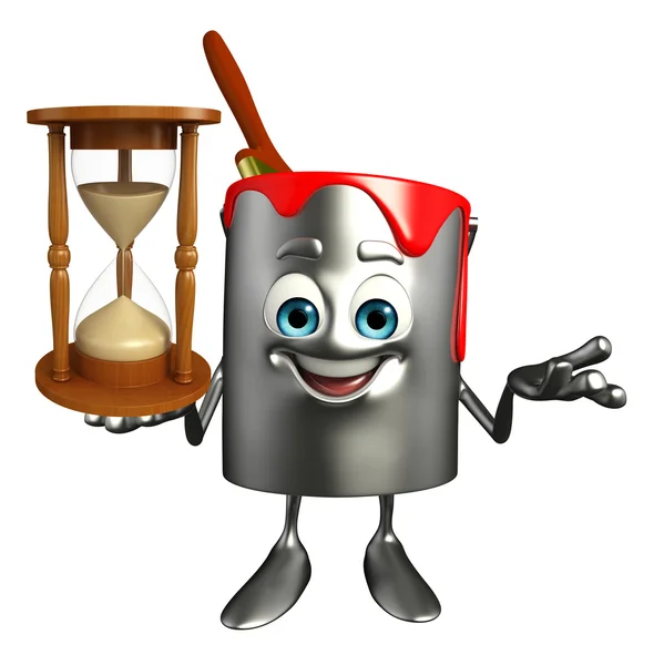 Paint Bucket Character with sand clock — Stock Photo, Image