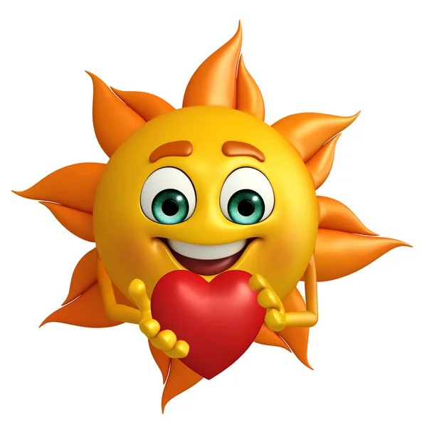 Sun charakter s červeným srdcem — Stock fotografie